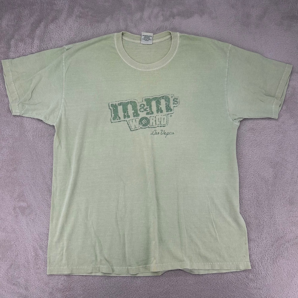 Vintage M&Ms World Mens‎ T Shirt Large Green Las Vegas Preowned Pigment Dye